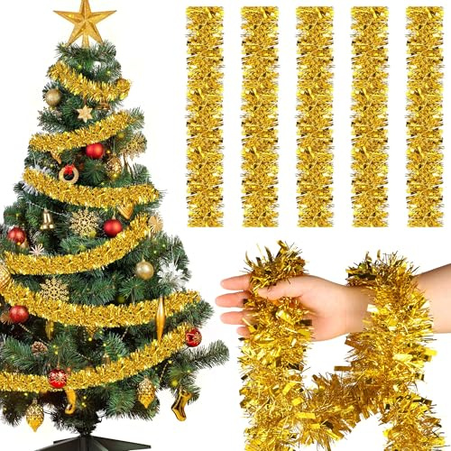 12M x 1 Stück Weihnachtsbaum Girlande Glitzer,9cm Weihnachtsgirlande Lametta,Gold Weihnachten Deko Girlande für Weihnachten,Weihnachtsbaum Dekorieren