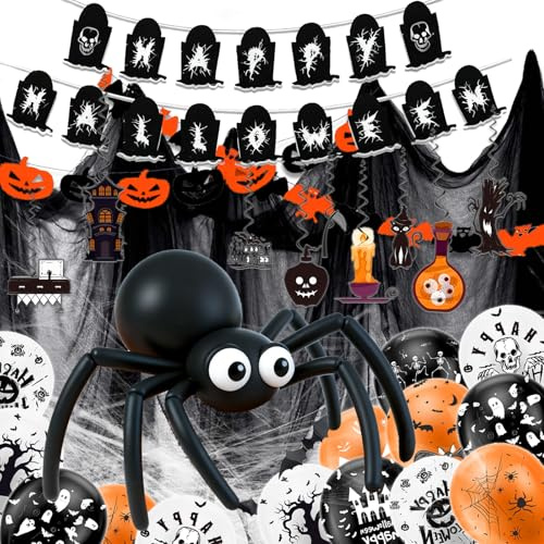 Ligtmor Halloween Deko Set Fledermaus Deko, Luftballons Set, Halloween Banner und Spinnennetz, Horror Deko, Hochwertige Materialien, Geeignet für Den Innen- und Außenbereich