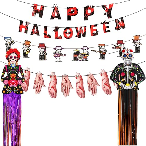Halloween Deko Set Tag Der Toten – Beidseitig Bedruckte Zuckerschädel Banner & Blutige Körperteile Girlande, Skelett Band Deko, Happy Halloween, Gruselige Partydekoration Für Haus Oder Garten