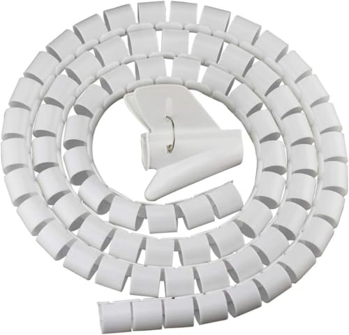 Terryshop74 Gaine de câbles spiralée blanche 150 cm x 28 mm avec pince – Traceur de câbles flexible pour ordinateur, TV, bureau – Protection de câbles Réutilisable et Découpable