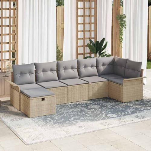 Frdhee Set di 7 divani da giardino per esterni, beige e grigio chiaro, 297,5 x 132,5 x 85 cm, per veranda, prato