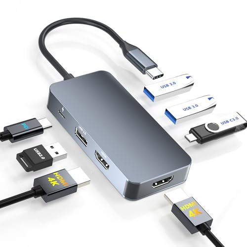 Docking Station Dual Monitor for Dell/HP/Mac Laptops, 7 IN 1 USB C to Dual HDMI Adapter Multiport Hub with 2*4K HD, 3*USB-A/USB-C Data Port, 100W PD, HDTV Splitter for Dual Monitors Extended Display