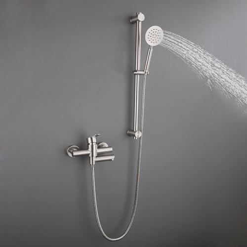 Duscharmatur Edelstahl Gebürstet Wand Wasserhahn Badewanne mit 90° Drehbarer Auslass Armatur Set Badewanne Höhenverstellbar,Gebürstet