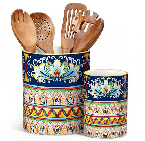 vancasso Juego de 2 Soporte para Utensilios de Cocina Bohemio, 18,6 cm + 14 cm Porta Cubiertos de Ceramica, Tarros Organizador Decorativos para Encimera, Armonía Celestial