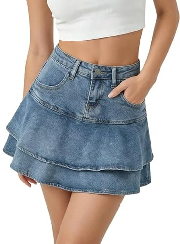 ZHAOCAI Mini gonna in denim da donna UK A Line Jean Gonne con tasche Aderente Estate Casual Elasticizzata Gonna corta a vita media Y2K Ragazze Cotone Moda Pieghe Ruffle Layered Gonne con Cerniera