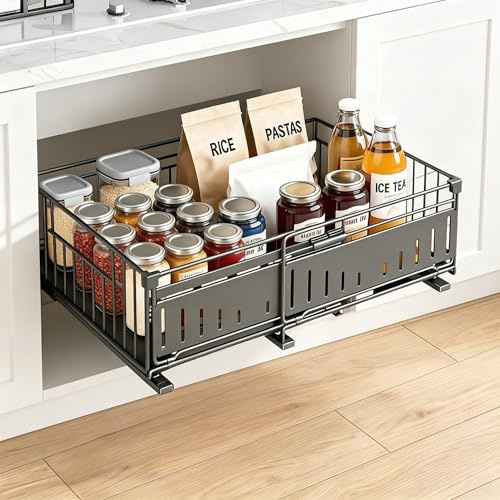 SHTALHST Expandable Pull Out Cabinet Organiser, Kitchen Cupboard Organiser Pull Out, Slide Out Drawers for Kitchen Cabinets, Adhesive Rails No Drill, Adjustable Width 32cm-50cm