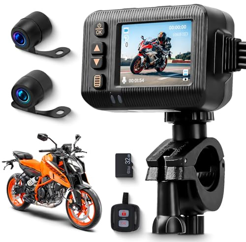 VECHTEL Motorrad Dashcam Vorne und Hinten 1080P, 2 Zoll HD Display Dual-Kamera für Motorräder, wasserdicht, Schleifenaufnahme, integrierter G-Sensor, inklusive Fernbedienung und 32GB SD-Karte