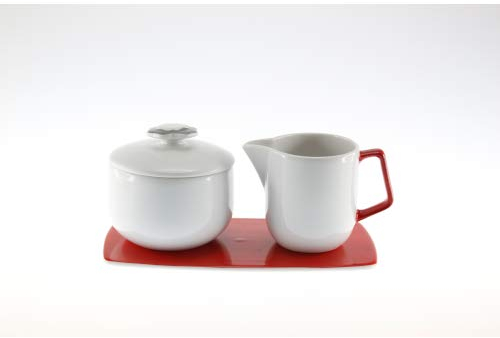 Pot à lait et sucrier avec soucoupe en porcelaine, accents rouge-gris foncé, 3 pièces