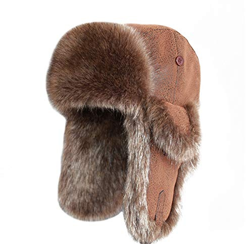 SK Studio Wintermütze mit Ohrenklappen, Warme Baumwolle Trappermütze Hut Unisex Fliegermütze Fellmütze Erwachsenen für Herren Braunes Leder XL