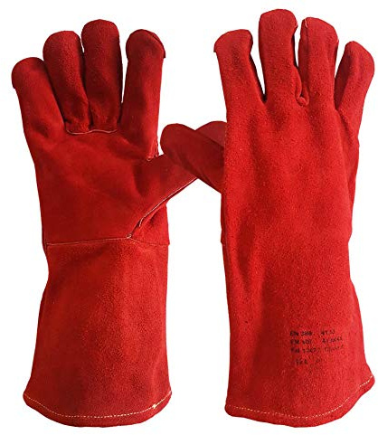 5 Pairs of Red Welding Gloves Heat Resistant 16 Inches Long Lined Leather Welders Gauntlet