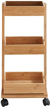 WENKO Regal Mod. Tortona, Rollregal mit 3 Ablagen, Badschrank aus Bambus, Badwagen, Rollwagen für das Bad, 18 x 71,5 x 31 cm, Natur