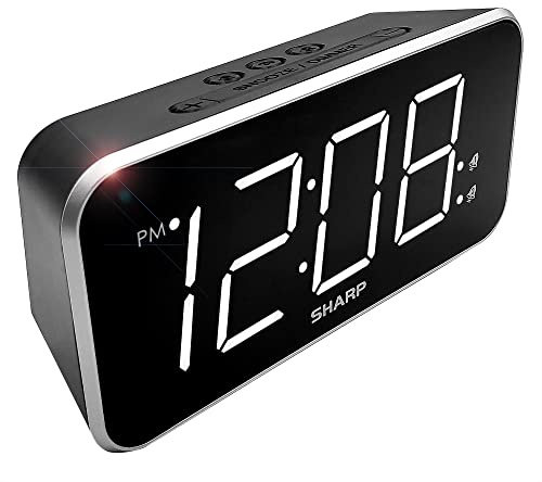Sharp Alarm Clock Jumbo Easy to Read Display – 3 Step Dimmer Control – Dual Alarms, Battery Back-up, Black with White LED