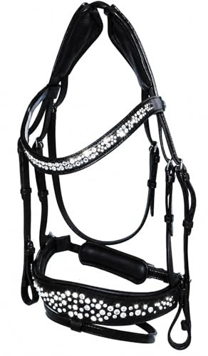 White Pearl Trense Zaum Glitzer Strass geteilts Genick (Patches) Leder Schwarz Butterweich Tysons VB WB X Full Noriker Kaltblut (Warmblut)