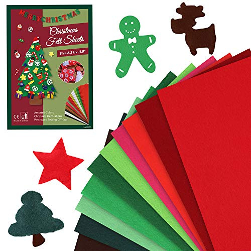 Pllieay 10 Pieces Soft Christmas Felt Fabric Sheets, 8.3 by 11.8 (A4 Size), 1.4mm Thick Multi-Purpose for DIY Art Making and Christmas Decorations, 10 Colors