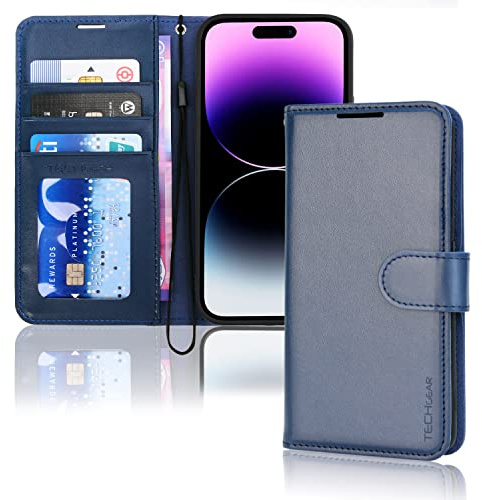 TECHGEAR Coque iPhone 14 Pro Portefeuille - Housse en Cuir avec Rabat de Protection, Fentes pour Cartes, Béquille et Dragonne, Bleu Compatible avec iPhone 14 Pro 6.1''