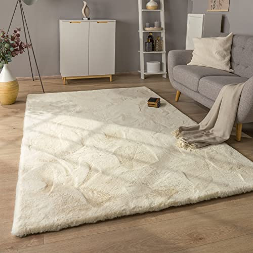 Paco Home Hochflor Teppich Wohnzimmer Schlafzimmer Modern Flauschiger Fellteppich Fell Imitat Kunstfell Langflor, Grösse:120 cm Rund, Farbe:Creme