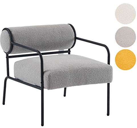 Mingone Sessel aus Lammwolle modern Loungesessel mit armlehne | Ohrensessel mit Schwarz Metallbeine, Für Wohnzimmer Schlafzimmer, Bis 120kg, Grau