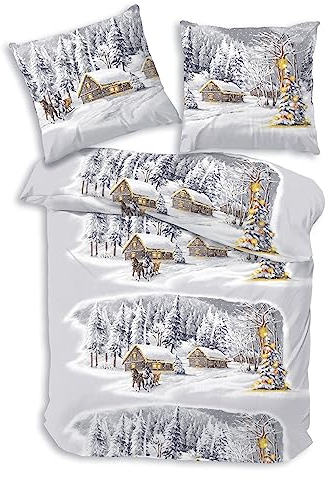 LINKHOFF Ropa de cama de franela, 155 x 220 cm, 2 piezas, diseño navideño, paisaje de invierno, gris y blanco, 100% algodón