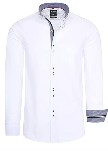 Camisa de ocio para hombre con diseño de botones inusual y elementos de contraste elegantes Body Fit manga larga Kent cuello elástico 025, Blanco, XL