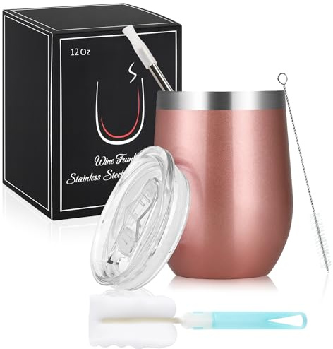 Joymaking Weinbecher Edelstahl, Stemless Weinbecher mit Deckel, Doppelwandige Unbreakable Travel Becher für Milk, Kaffee, Wein, Bier, Champagner, Cocktails, Rosagold