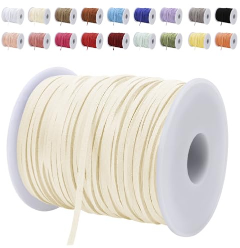 LEREATI Cordino Cuoio 3mm x 45m Corda in Finta Pelle Cordone Piatto in Finta, Cordoncino Cuoio per Artigianato, Collana, Braccialetto, Acchiappasogni, Fai da Te, Confezioni Regalo (Beige Crema)
