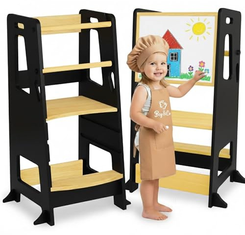 BEY & CO® Torre di Apprendimento/Osservazione in Legno – Learning Tower per Bambini – 3 Altezze Regolabili, Superficie Antiscivolo e Piedini Antiribaltamento - Metodo Montessori (Nero)