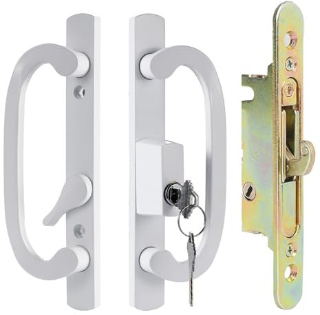 MaxxGeek Schiebetürgriff-Set mit Einsteckschloss, Zinkdruckguss, versetzter Daumenknauf, passend für 4,8 cm bis 4,5 cm große Türstärke, 8,5 cm Lochabstand, ohne Hand, Weiß