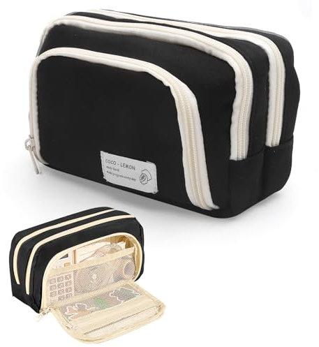 Federmäppchen Schwarz Mäppchen Aesthetic Federtasche 3 Fächer Federmappe Groß Kapazität Pencil Case Schlamppermäppchen Mädchen Jungen Teenager Erwachsene Etui Schulmäppchen Mäpchen für Schule Büro