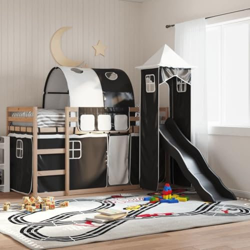 LXYZWRW Beds & Accessories Bunk Bed with Slide and Curtains White and Black 90x190 cm Beds & Bed Frames