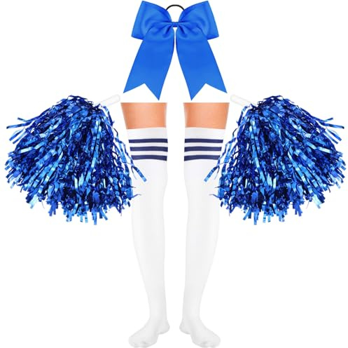 Boyiee 4 Stück Cheerleader Kostüm Set für Karneval Sport | 2 Cheerleader Pompons Handblumen, 1 Schleife Haarbänder, 1 Paar Strümpfe, Cheerleader Outfit, Faschingskostüme