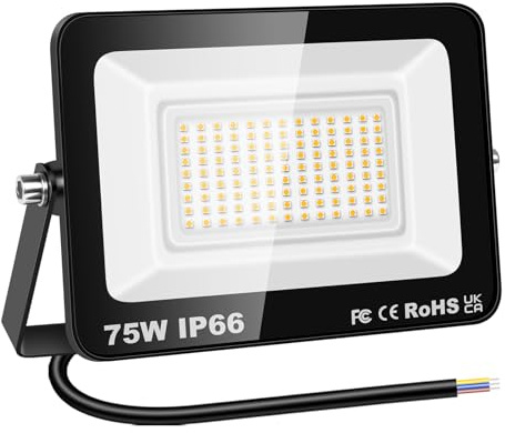 YOJZMA Projecteur LED Extérieur, 75W 7500LM Lumière Éclairage de Sécurité | Sans Prise, Blanc Chaud 3000K, IP66 Étanche, Spot LED Extérieur pour Jardin Garage, Cour Terrain Sport Patio Allée Porche
