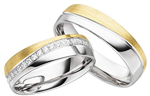 JC Trauringe Silber 925 Paarpreis Eheringe Gelbgold Weißgold Plattiert 5,5 mm breit I Partnerringe mit Gravur in edler Schatulle I 2 Hochzeitsringe Herrenring ohne & Damenring mit Steinen I LCC138