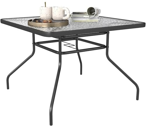 Outsunny 100 cm Square Dining Table with Parasol Hole, Outdoor Coffee End Side Table with Tempered Glass Top, Steel Frame for Garden, Patio, Black
