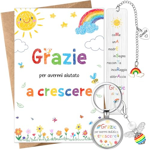 Clabby 4 Pezzi Set Regalo per Maestre Fine Anno Includere Portachiavi Grazie Maestra Biglietto di Grazie per Avermi Aiutato a Crescere Segnalibro Busta Regali Insegnante Professoressa