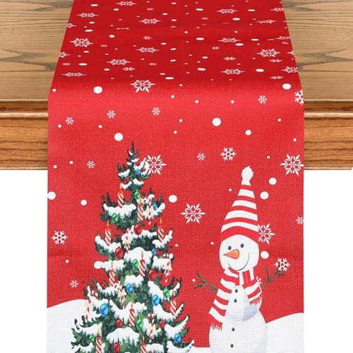 Tischläufer Weihnachten mit Schneemann, Tischläufer Rot für Weihnachtstisch Deko, Weihnachtsdeko Tisch für Esstisch, Küchentisch, Wohnzimmer, Ideal als Tischdeko für Weihnachtsfeier (33 x 183cm)
