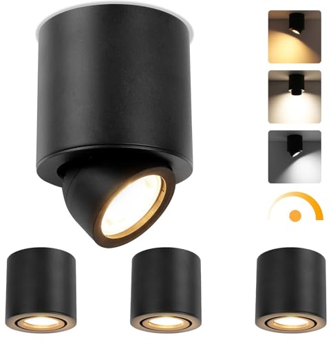 GeyouLux LED Aufbauspot Schwenkbar 350° Ø85x80mm Deckenspots Dimmbar Schwarz Spots Deckenleuchte inkl. 5W 500LM LED Modul 230V 3000K/4000K/6500K Aufbauleuchte Aufputz Spots Rund 4 Stück