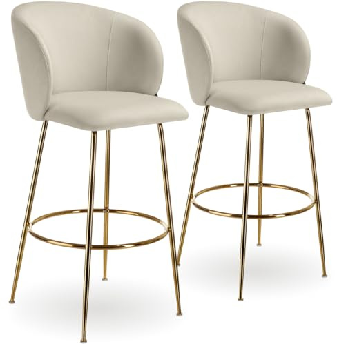 tectake® Taburete Alto con Respaldo Acolchado, Silla Alta de Cocina con Reposapiés, Banqueta con Patas de Acero y Topes Antideslizantes, Silla de Bar, Taburete de Cocina - 2 sillas Crema/Oro