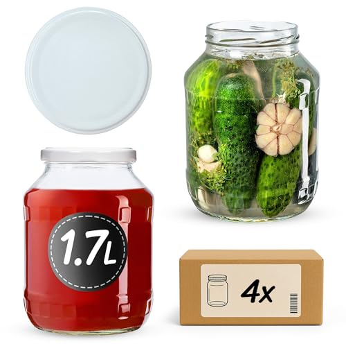 KADAX Tarros de conservas de 1,7 l con tapa de rosca fi89, grandes tarros de conservas con apertura ancha para encurtidos, kimchi y chucrut, tarros para conservas y fermentación (blanco, 4 unidades)