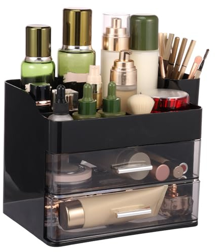 KEGAJEGA Organizador de maquillaje con 2 cajones, 4 compartimentos, organizador de cosméticos, plástico, resistente al polvo, resistente a la humedad, caja de almacenamiento para tocador, dormitorio