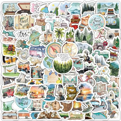 Hyleara 100 Stück Outdoor Reise Aufkleber, Sticker Reisen,Sticker Travel Wasserdicht Graffiti Retro Wald Bus Segelschiff Freizeit Landschaft,Sticker Retro Camping für Scrapbooking Laptop Koffer, Skate