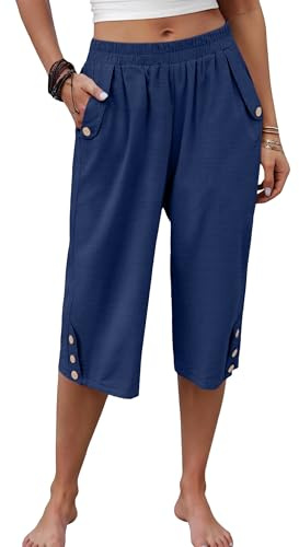 ANRABESS Womens Wide Leg Capri Pants Elastic Waist Casual Loose Lounge Trousers 2026 Summer Flowy Beach Vacation Clothes Navy Blue X-Large