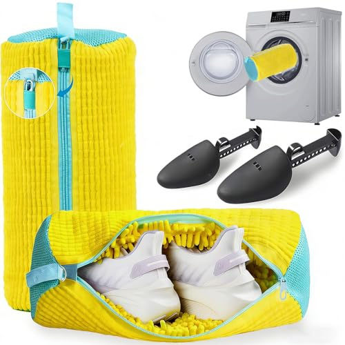 Trainer Shoe Washing Machine Bag, 2 Pcs Reusable Laundry Shoe Bag with with Zipper and Shoe Trees, 360° Deep Cleaning Bag for Trainers, Sneakers, Running Shoes and More (Yellow)