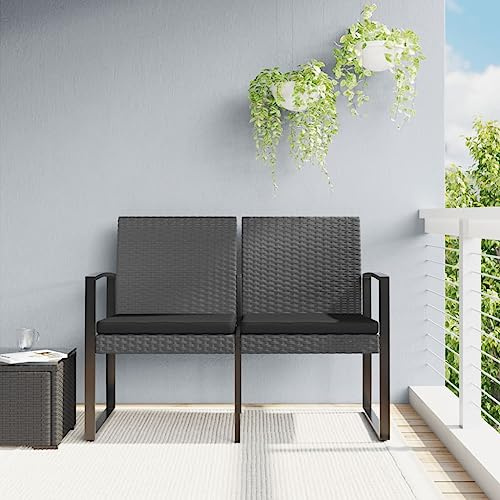 IBUQDDV 2-Sitzer Gartenbank mit Kissen aus Dunkelgrauem PP-Rattan und Stahlrahmen für Terrasse Gartenmöbel Sitzgruppe Outdoor Polsterauflage