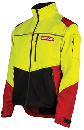 Oregon Protect Pro Varseljacka, Reflekterande, Vattentålig, Allväders, Stretchmaterial, Professionell Kvalitet för Användning av Motordrivna Verktyg, Skogs- och Friluftsarbete, Röd/Gul, Storlek S