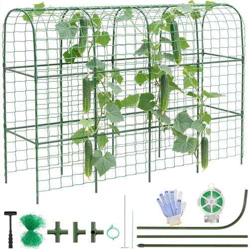 Housolution Gurkenspalier für Hochbeet, 67×48 U-förmiges Gartenspalier für Kletterpflanzen im Freien mit 2×3m Netz für Tomatenkürbis, Zucchini, Erbsen, Bohnen, Trauben, Obst, Blumen, Grün