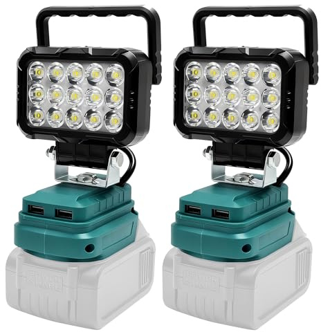 2PCS Kabellose LED-Lampe für MAKITA 18V Akku, 58W 4800lm LED Arbeitsleucht Breitstrahl-Flutlicht mit USB- und Typ-C-Ladeanschlüssen, Taschenlampe für Notfälle
