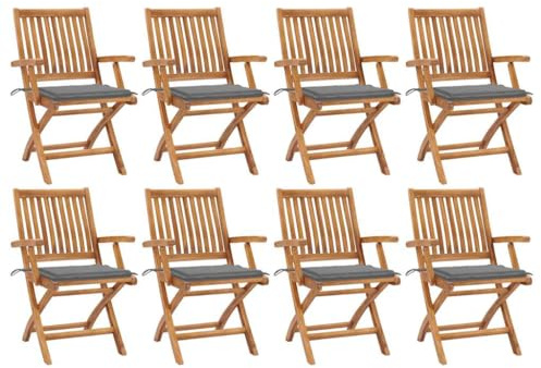 Mokuyary Fällbara trädgårdsstolar med kuddar, set om 8, massivt trä, teak, balkongstol, terrassstolar, matstolar för terrass, trädgård, balkong – C
