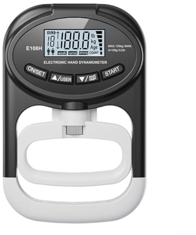 Dinamometro elettronico a mano, ricaricabile, con display LCD, precisione 0,1 kg, fino a 120 kg, per fitness e riabilitazione (bianco e nero)