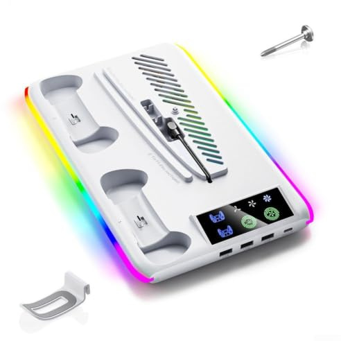 RiseNova Multifunktionell för ps5-kylbas med snabbladdningsdocka, justerbar fläkt och RGB-lampa för ps5 Pro Slim, dubbel kontrollladdare med USB-hubb (vit)