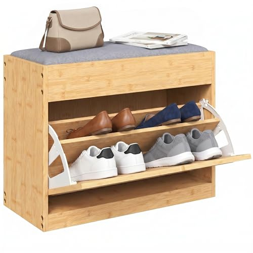 HOMCOM Banco Zapatero, Banco Recibidor con Asiento Acolchado, Cajón Abatible, Puerta de Ratán, Estante Ajustable, para Entrada, Pasillo, Salón, 63x29x48 cm, Natural y Gris